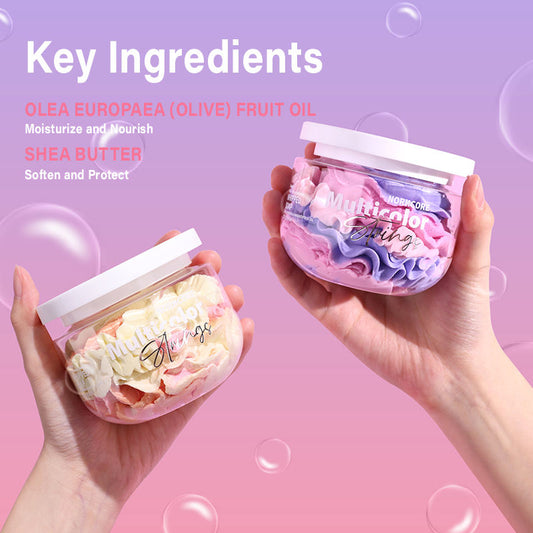 Wholesale Natural Colorful Fruity Exfoliating Bath Body Scrub Shower Gel Moisturizing Shea Butter Base Rainbow Whipped Soap