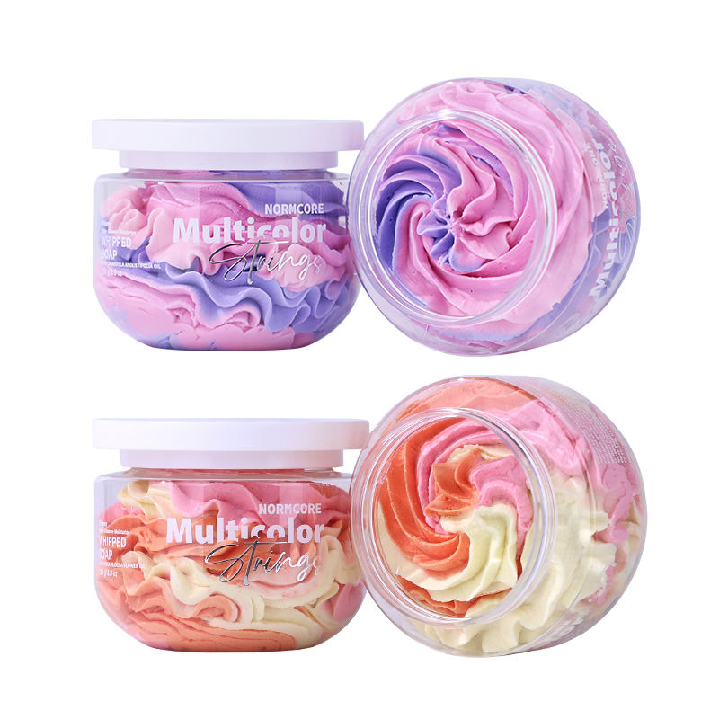 Wholesale Natural Colorful Fruity Exfoliating Bath Body Scrub Shower Gel Moisturizing Shea Butter Base Rainbow Whipped Soap