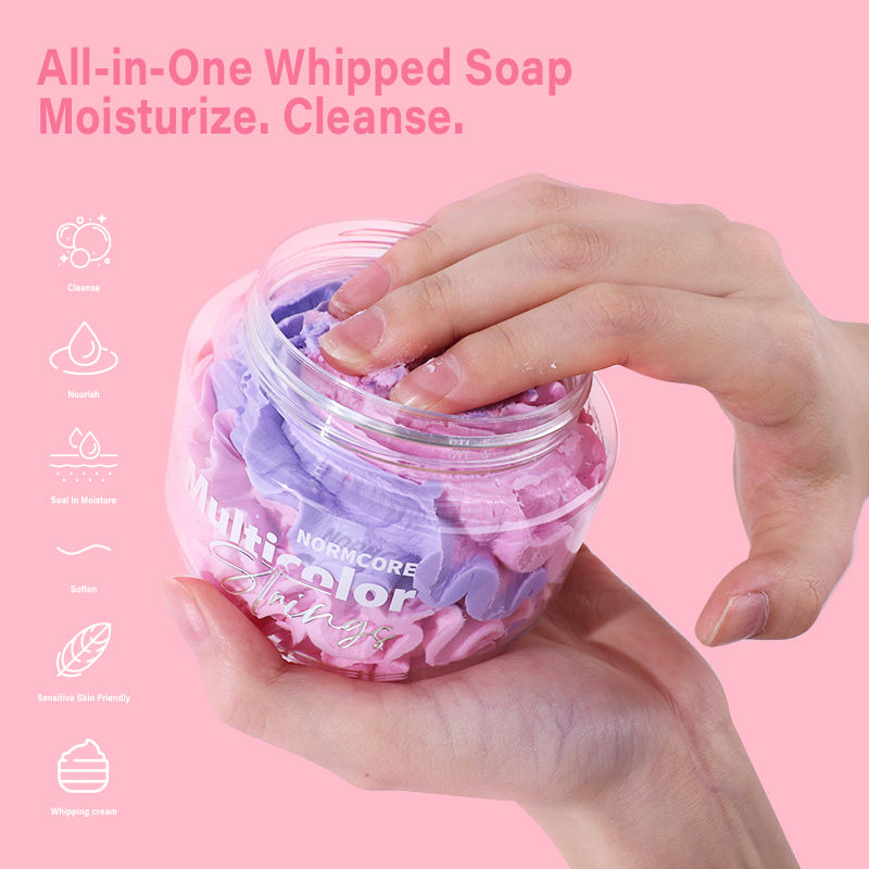 Wholesale Natural Colorful Fruity Exfoliating Bath Body Scrub Shower Gel Moisturizing Shea Butter Base Rainbow Whipped Soap