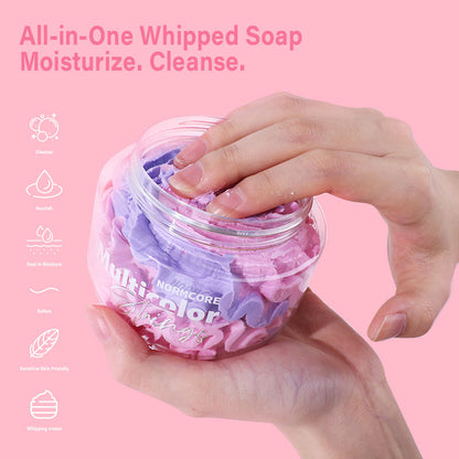 Wholesale Natural Colorful Fruity Exfoliating Bath Body Scrub Shower Gel Moisturizing Shea Butter Base Rainbow Whipped Soap